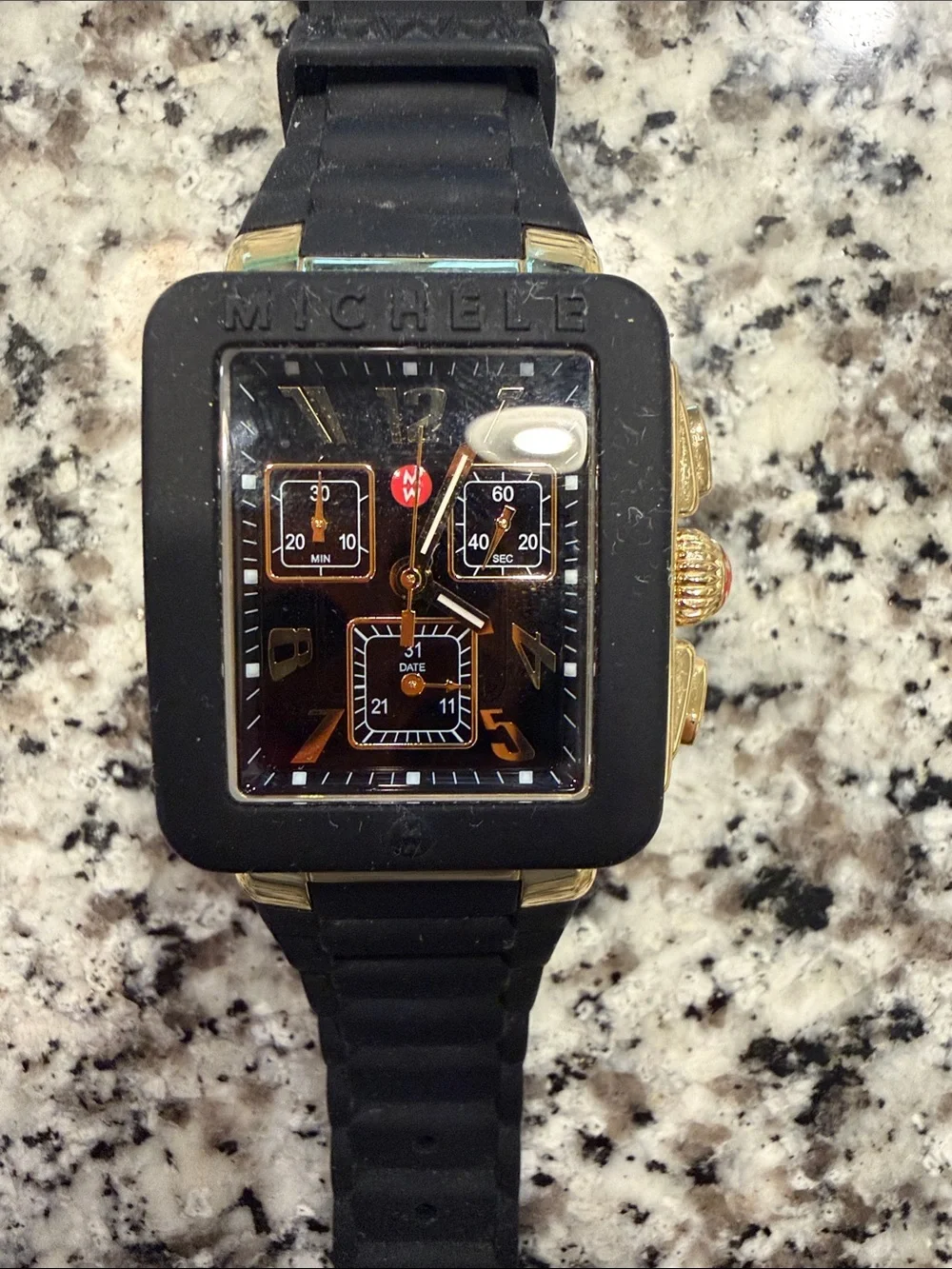Michele Black Silicone Band Watch with Gold-Tone Square Case